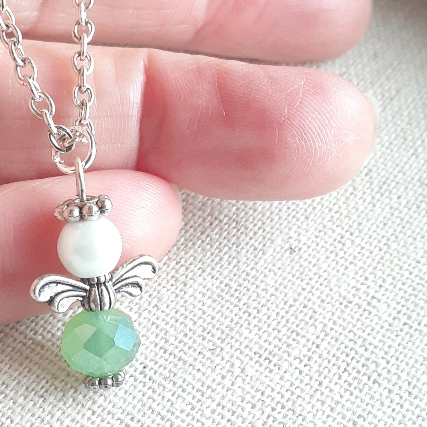 Soft Moss Green Faceted Czech Crystal Guardian Angel Charm on a Sterling Silver Chain Necklace