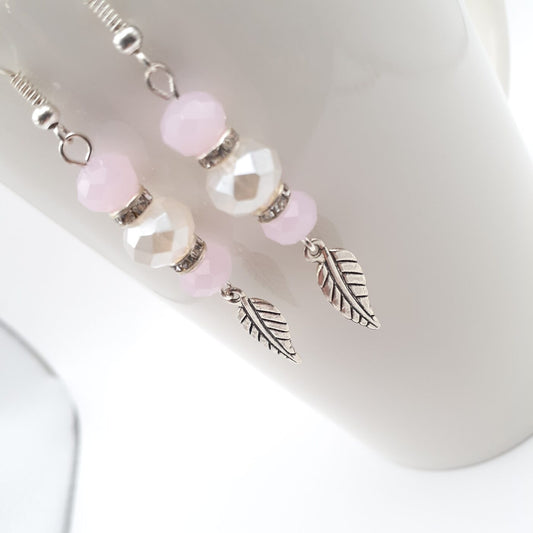 Soft Passionate Pink Perfection Earrings with Faceted Czech Crystals and Rhinestones and Silver Leaves