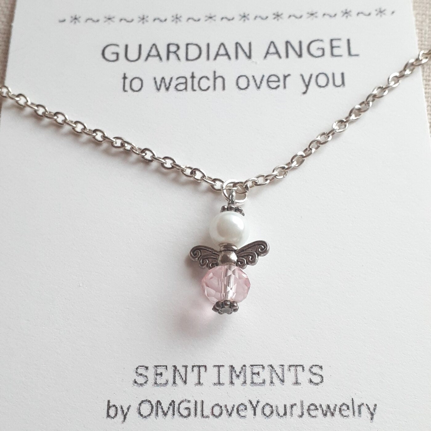 Soft Subtle Pink Faceted Czech Crystal Guardian Angel Charm on a Sterling Silver Chain Necklace