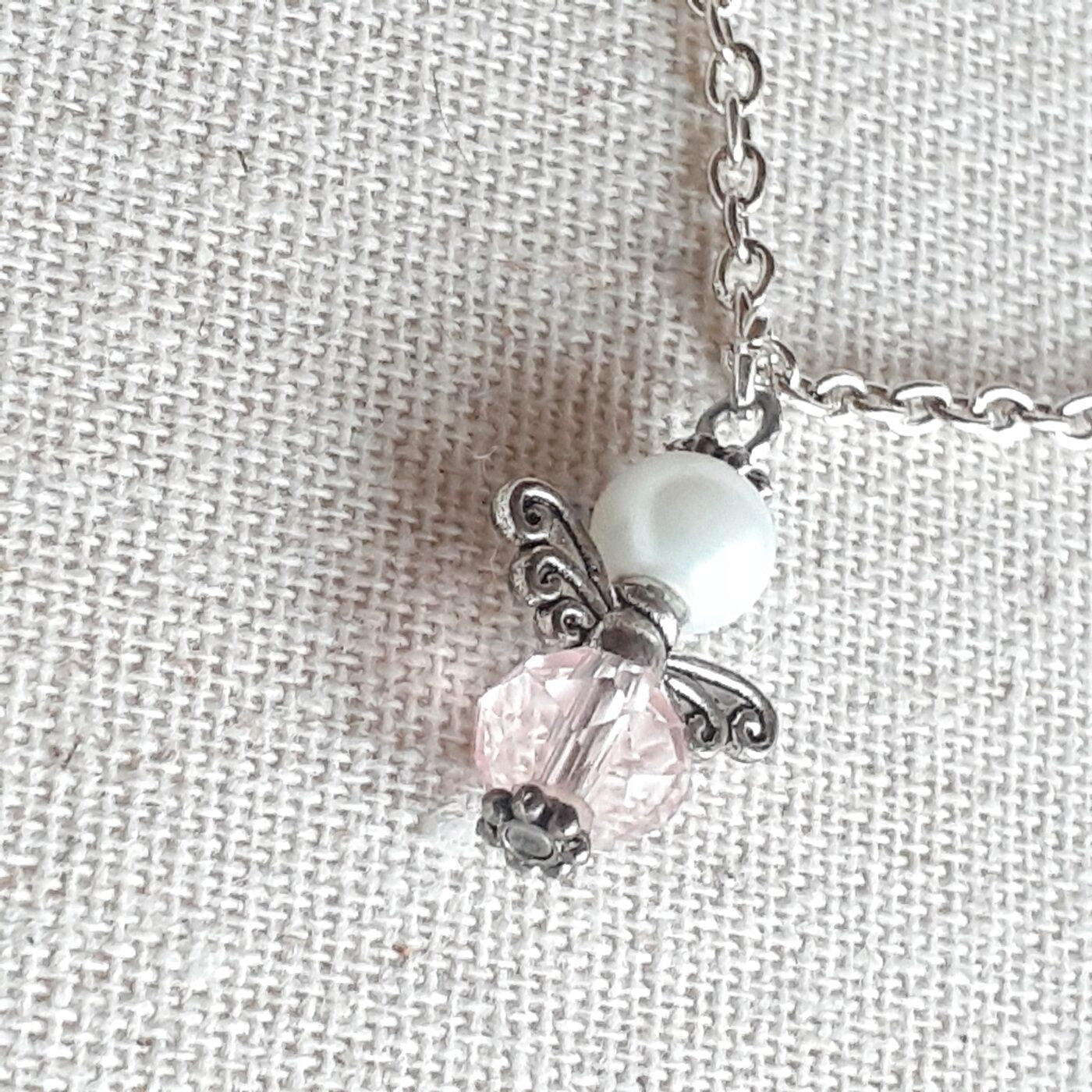 Soft Subtle Pink Faceted Czech Crystal Guardian Angel Charm on a Sterling Silver Chain Necklace