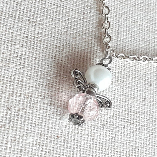Soft Subtle Pink Faceted Czech Crystal Guardian Angel Charm on a Sterling Silver Chain Necklace