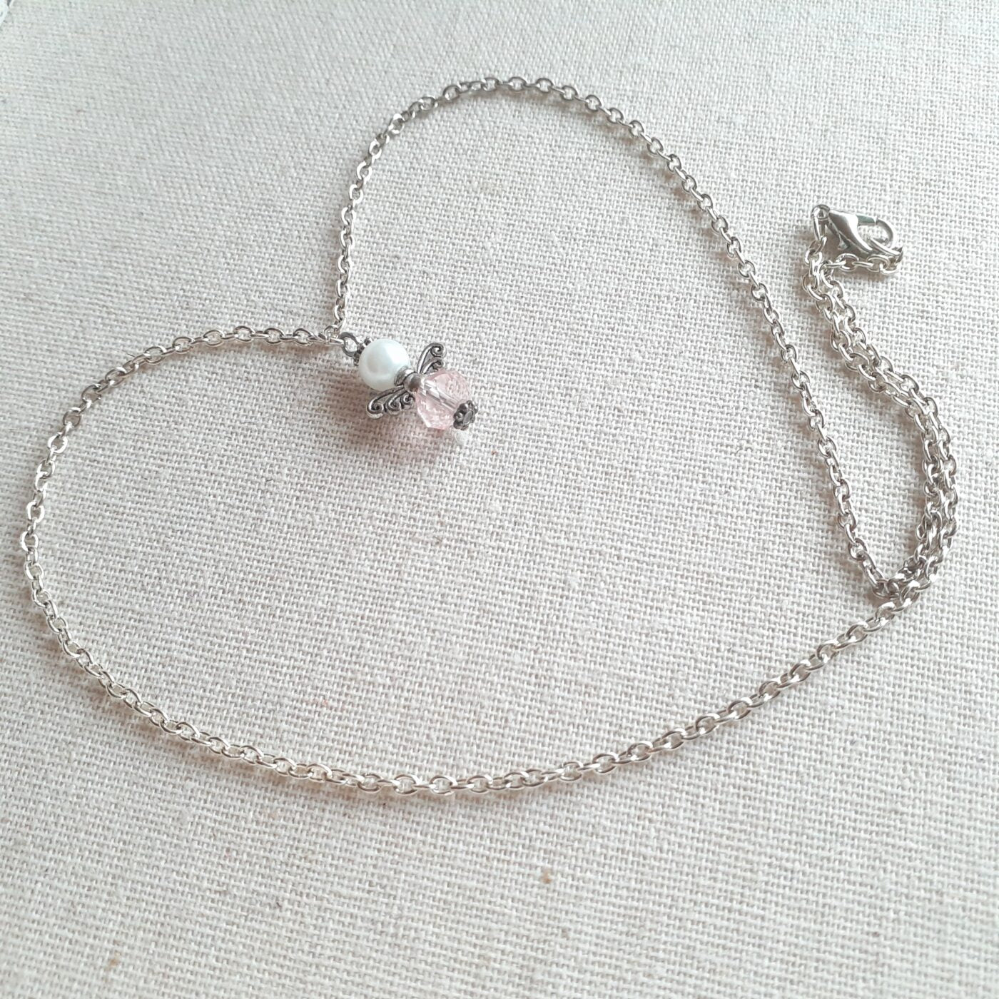 Soft Subtle Pink Faceted Czech Crystal Guardian Angel Charm on a Sterling Silver Chain Necklace