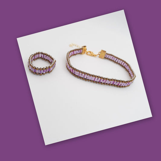 Sparkling purples Miyuki seed beads loom handwoven ring and loom beaded thin bracelet