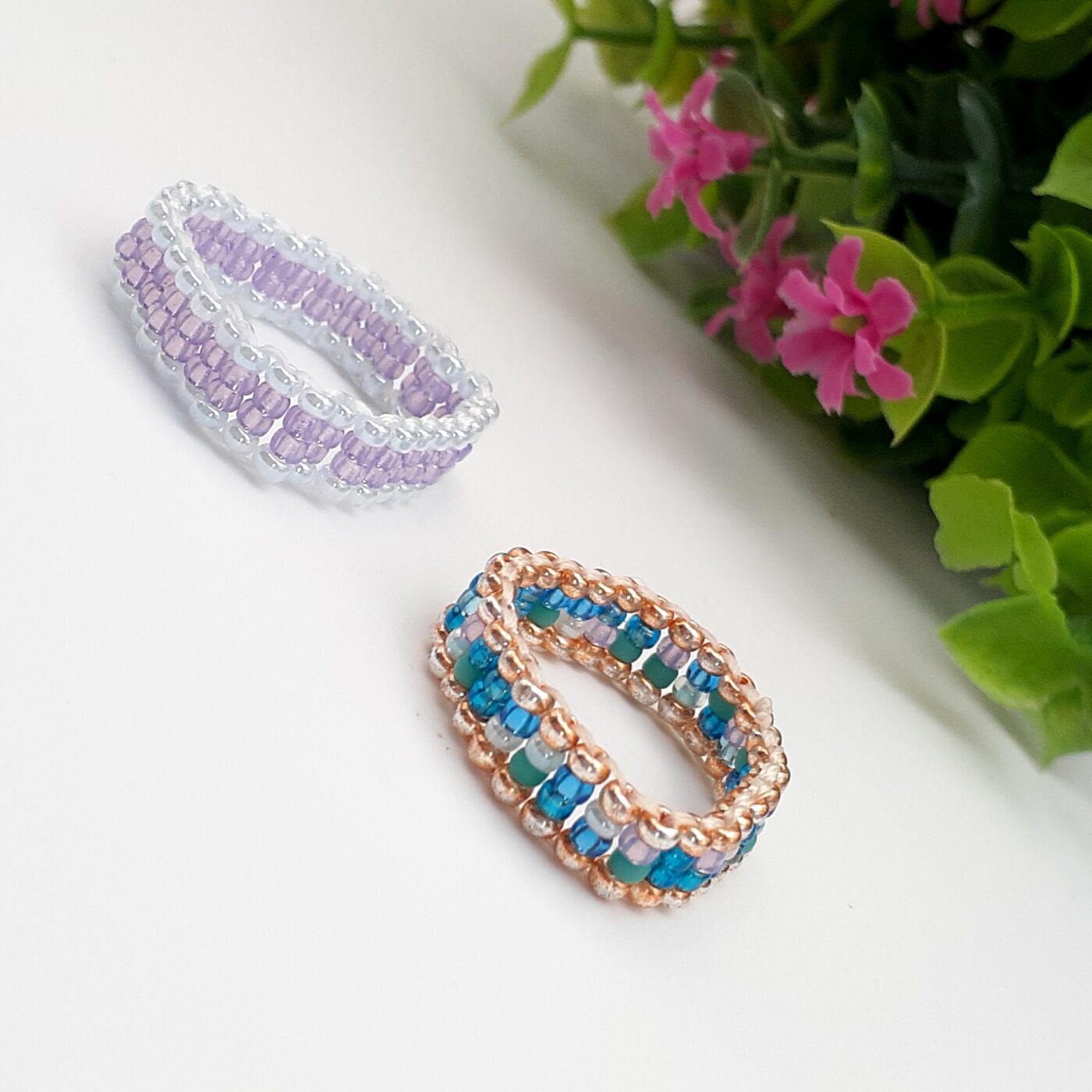 Sparkling purples Miyuki seed beads loom handwoven ring and loom beaded thin bracelet