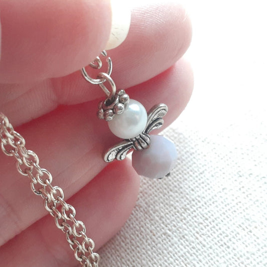 Sterling Silver Chain Necklace with Lava Bead and Swarovski crystal Angel Charm and 3D Brass Feather Charm