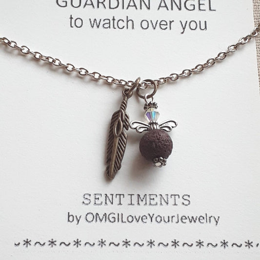 Sterling Silver Chain Necklace with Lava Bead and Swarovski crystal Angel Charm and 3D Brass Feather Charm