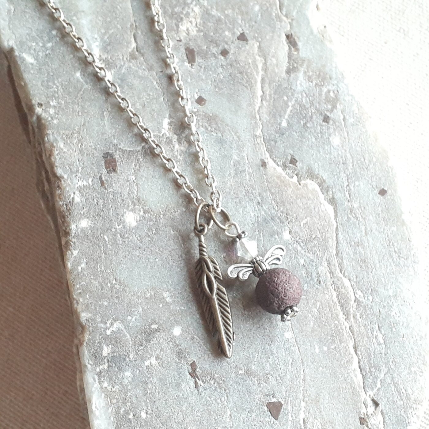 Sterling Silver Chain Necklace with Lava Bead and Swarovski crystal Angel Charm and 3D Brass Feather Charm