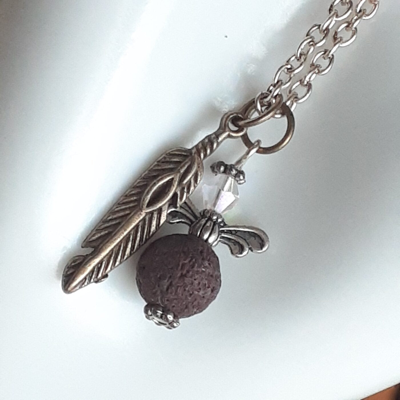 Sterling Silver Chain Necklace with Lava Bead and Swarovski crystal Angel Charm and 3D Brass Feather Charm
