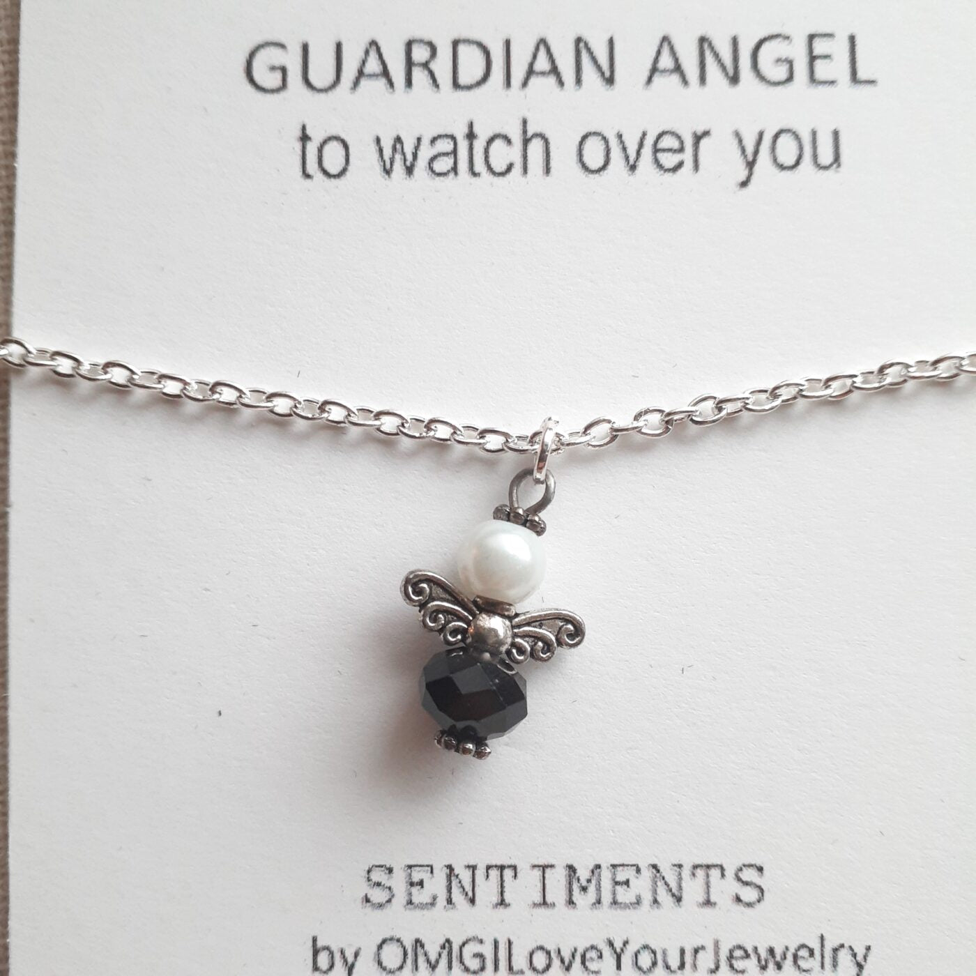 Stunning Black Faceted Czech Crystal Guardian Angel Charm on a Sterling Silver Chain Necklace