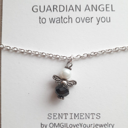 Stunning Black Faceted Czech Crystal Guardian Angel Charm on a Sterling Silver Chain Necklace