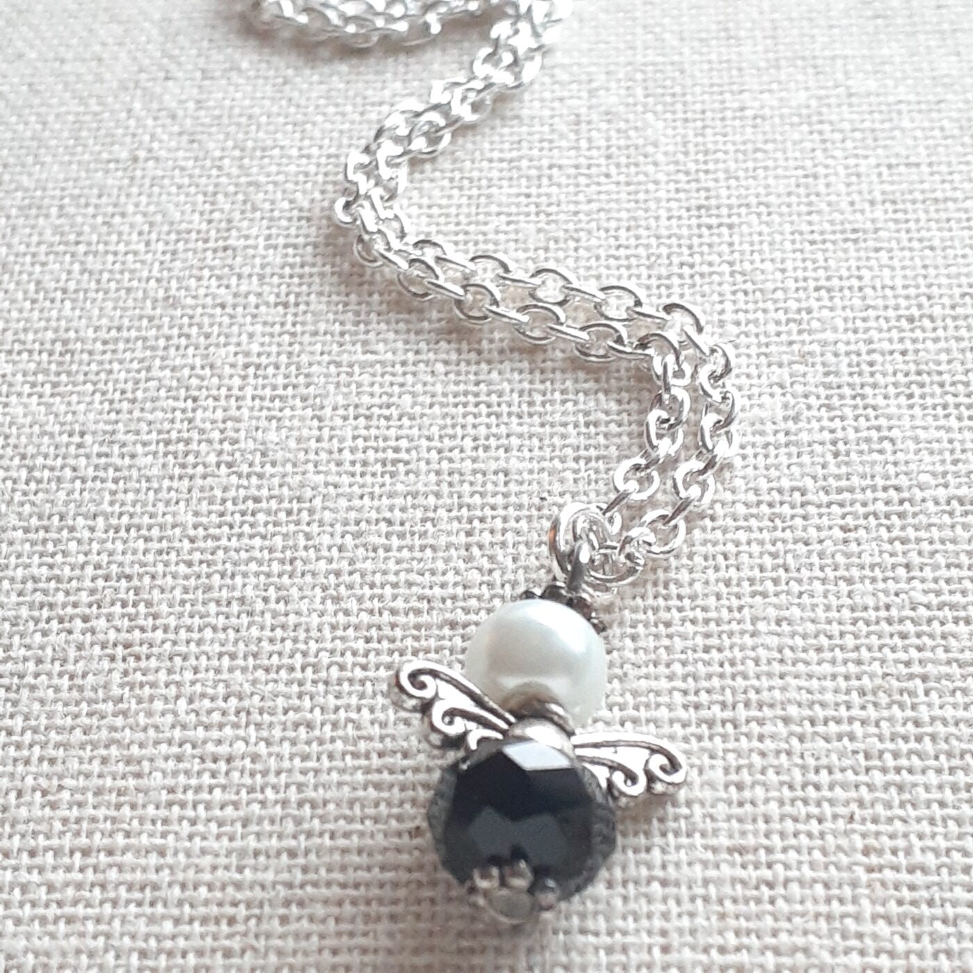 Stunning Black Faceted Czech Crystal Guardian Angel Charm on a Sterling Silver Chain Necklace