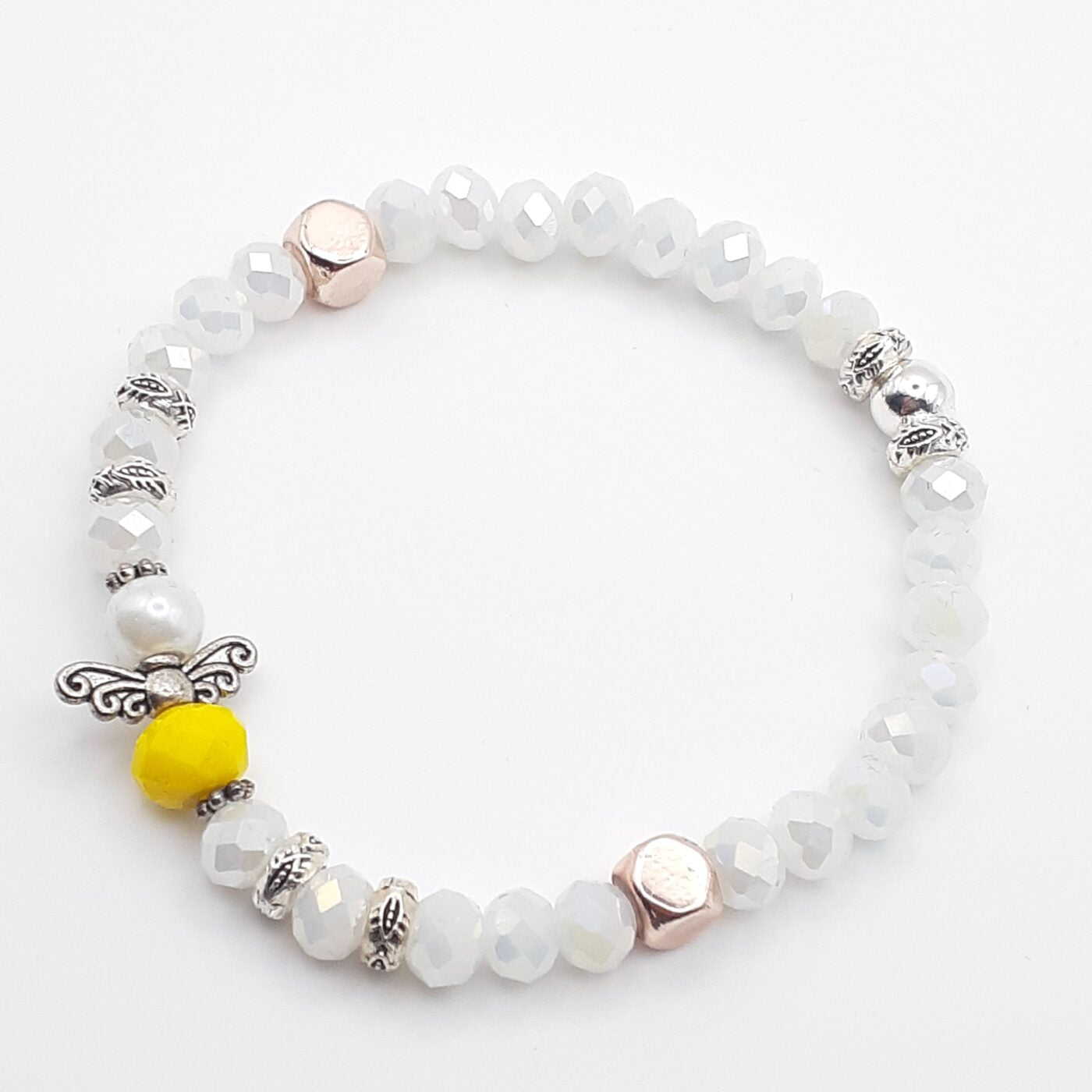 Sunny Yellow Angel Charm Faceted White Crystal Stretch Style Bracelet