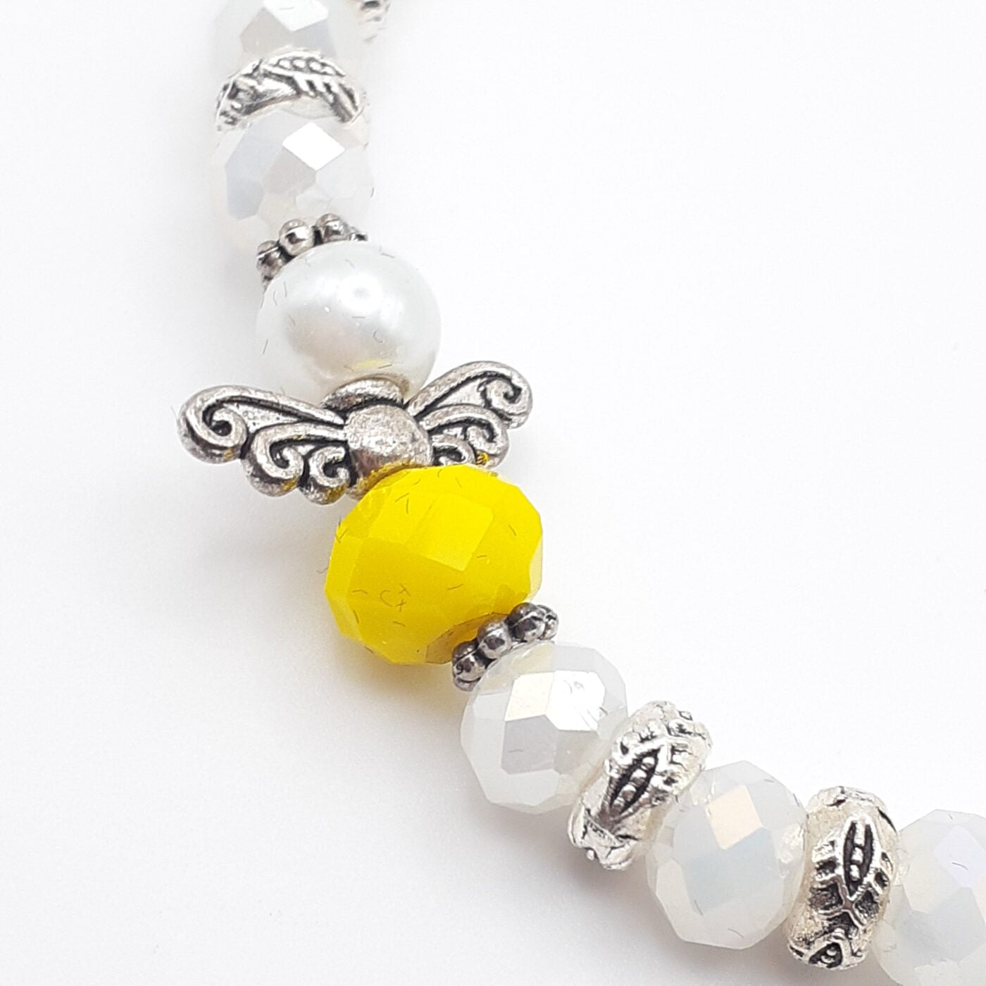 Sunny Yellow Angel Charm Faceted White Crystal Stretch Style Bracelet