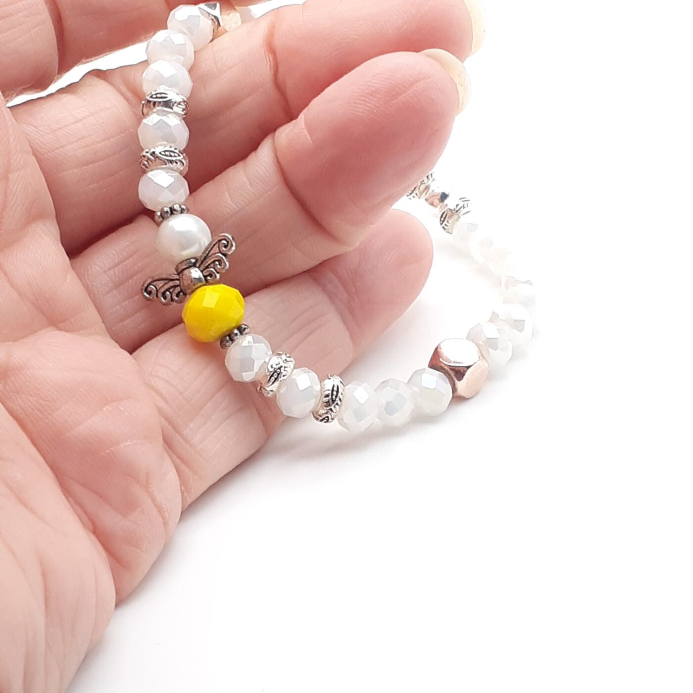 Sunny Yellow Angel Charm Faceted White Crystal Stretch Style Bracelet