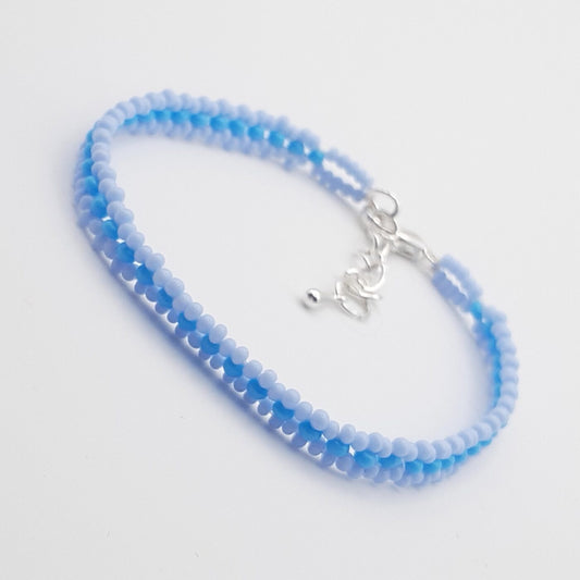 Thin Handwoven Blue and White Czech Seed Bead Bracelet