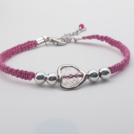 Thin Pink Hemp Macrame Bracelet with Heart-Shaped Silver Charm and Clear Faceted Crystal