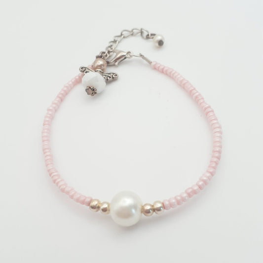 Thin Pink Seed Bead and Pearl Bracelet with an Angel Charm