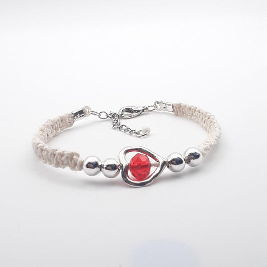 Thin White Hemp Macrame Cord Bracelet with a Red Faceted Crystal Bead Heart Charm