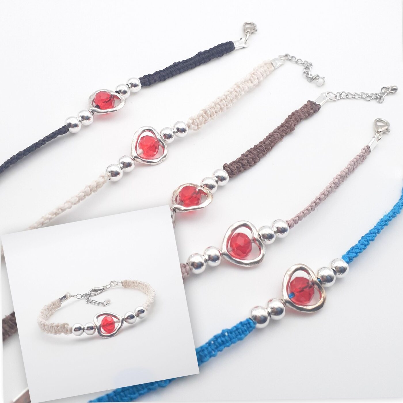 Thin White Hemp Macrame Cord Bracelet with a Red Faceted Crystal Bead Heart Charm