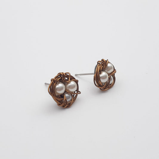 Tiny Copper Colour Wire Wrapped Pearls Bird Nest Post Stud Style Earrings