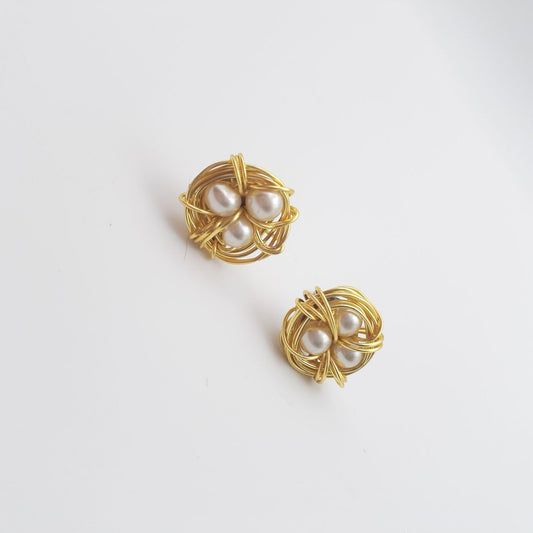 Tiny Gold Colour Wire Wrapped Pearls Bird Nest Post Stud Style Earrings