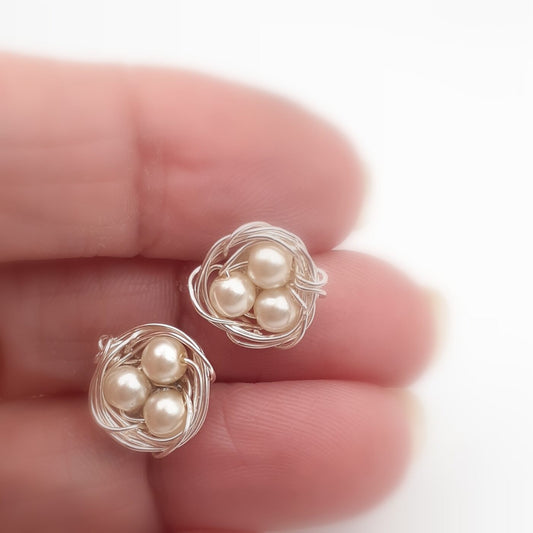 Tiny Silver Colour Wire Wrapped Pearls Bird Nest Post Stud Style Earrings