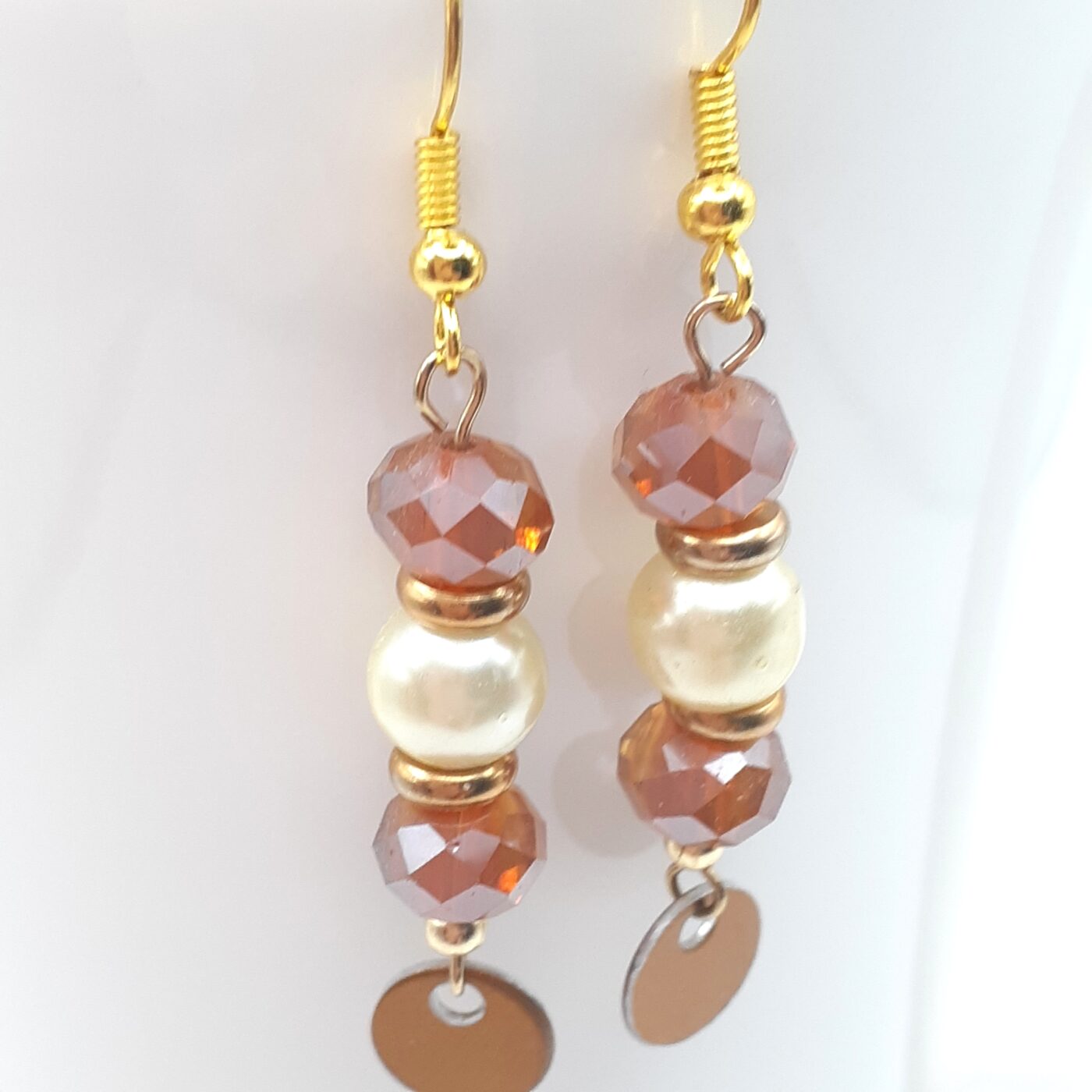 Topaz-Brown Faceted Crystals and Pearl Beaded Dangle Earrings