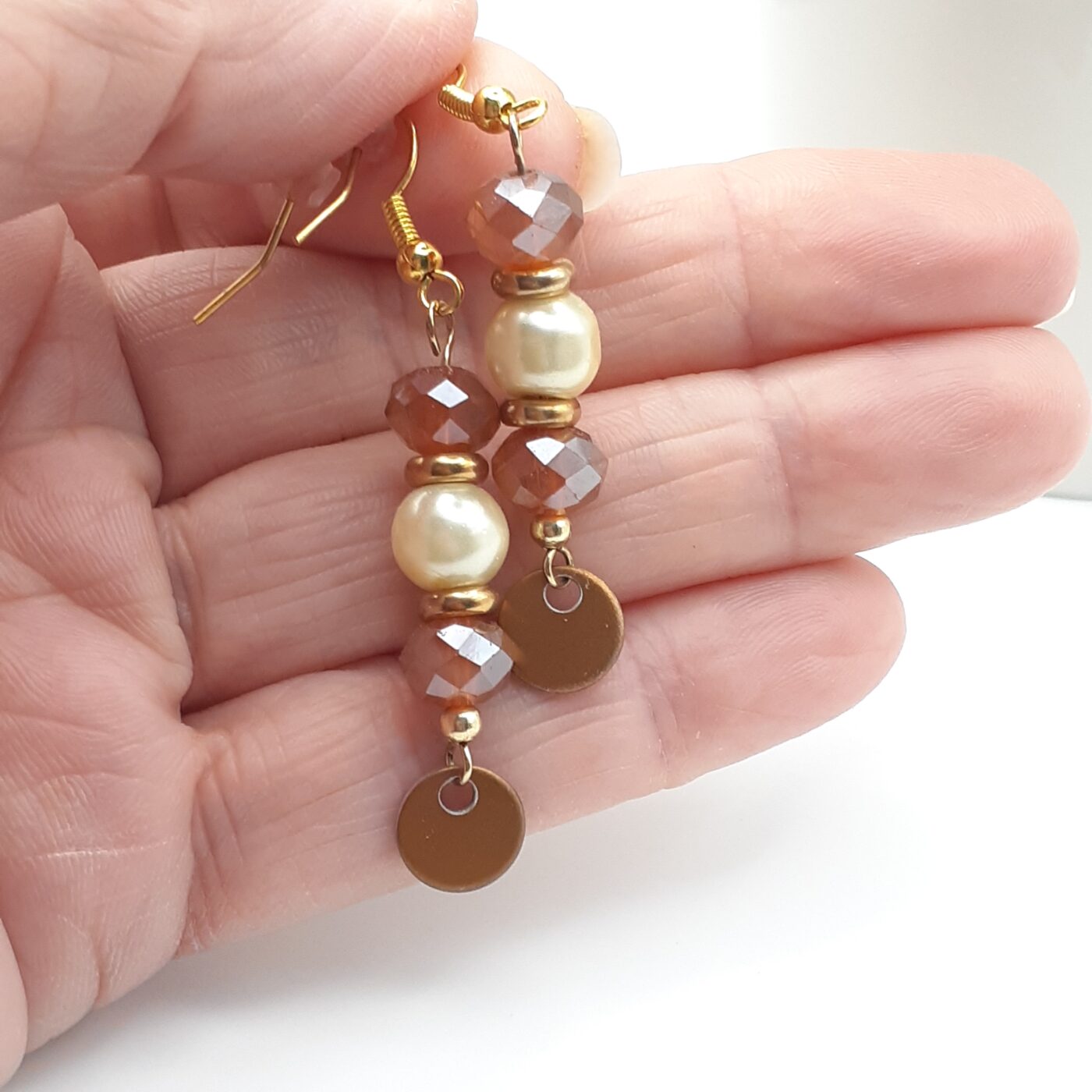 Topaz-Brown Faceted Crystals and Pearl Beaded Dangle Earrings