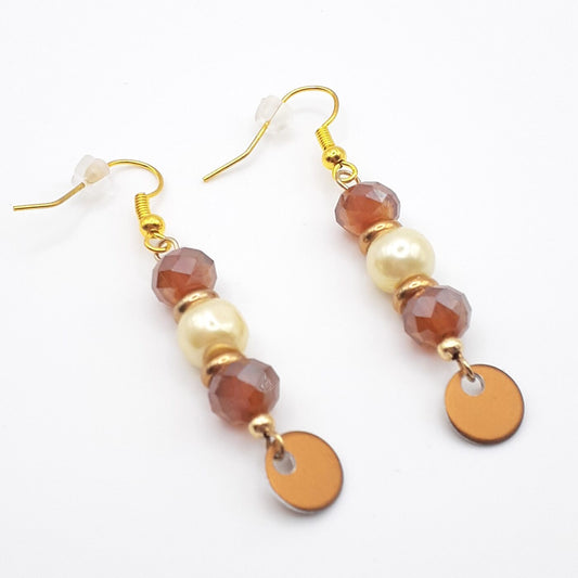 Topaz-Brown Faceted Crystals and Pearl Beaded Dangle Earrings