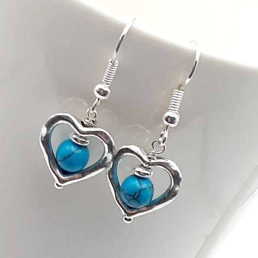 Turquoise Silver Heart Dangle Earrings