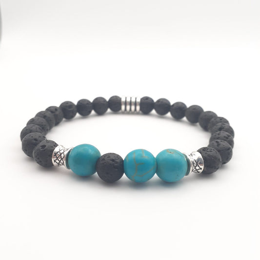 Turquoise Blue Howlite and Black Lava Stone Beaded Stretch Bracelet