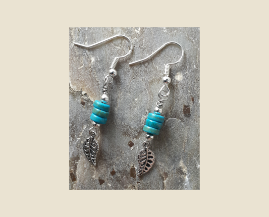Turquoise Dyed Howlite Beaded Dangle Earrings with Gorgeous Filigree Detailed Tiny Silver Leaf Charms