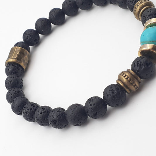 Turquoise Howlite and Black Lava Stone Stretch Bracelet