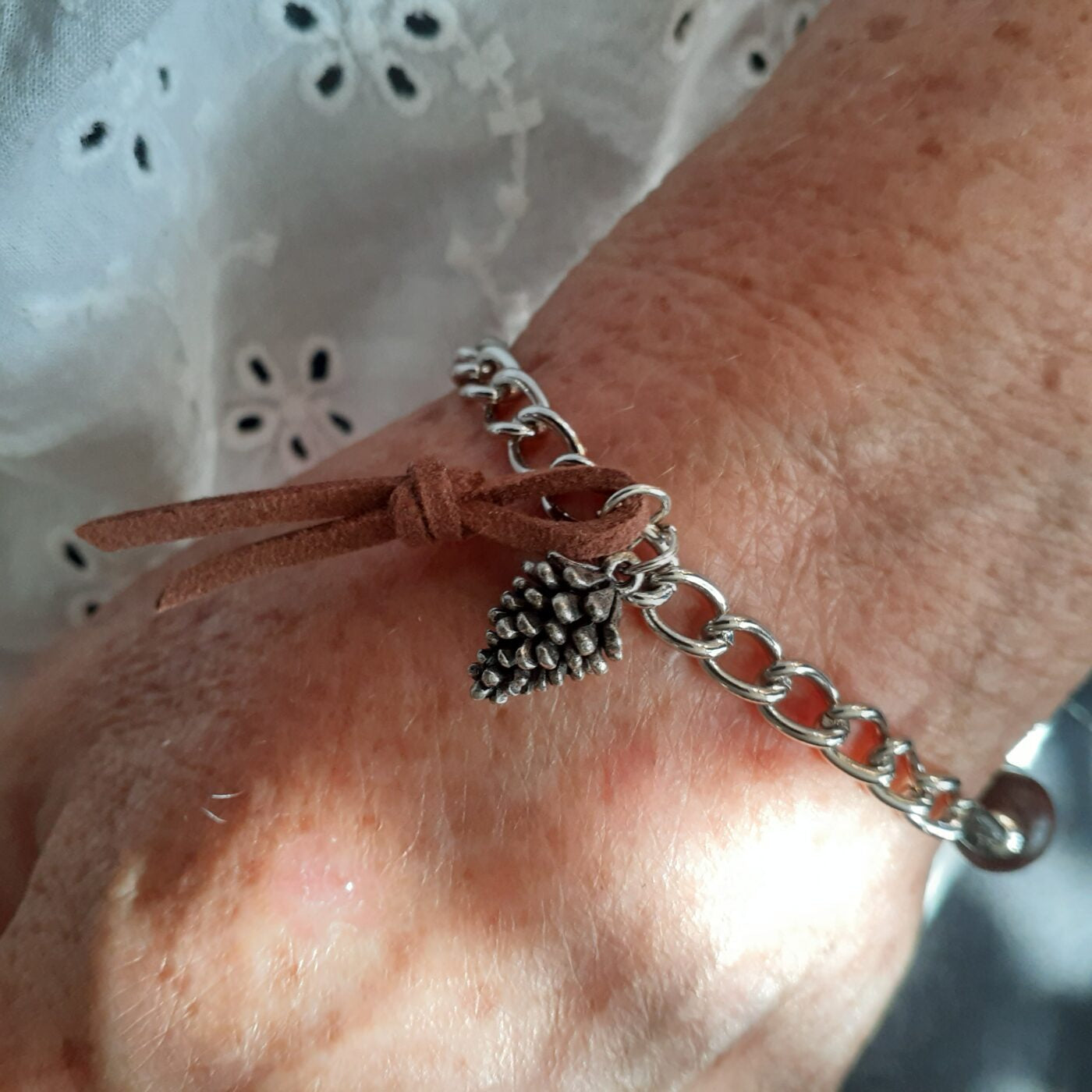 Turquoise Howlite and Natural Wood Beaded Stretch-Style Bracelet with Silver Chain and Tiny Detailed Pinecone Dangling Charm