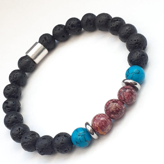 Turquoise Howlite and Red Stone Bead Black Lava Stretch Bracelet
