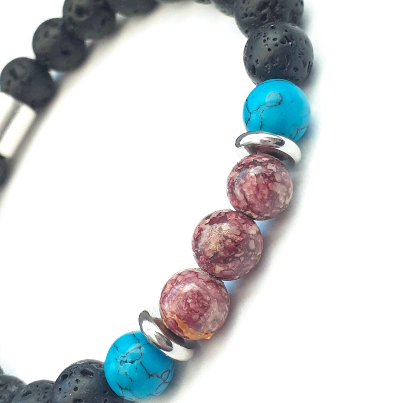 Turquoise Howlite and Red Stone Bead Black Lava Stretch Bracelet