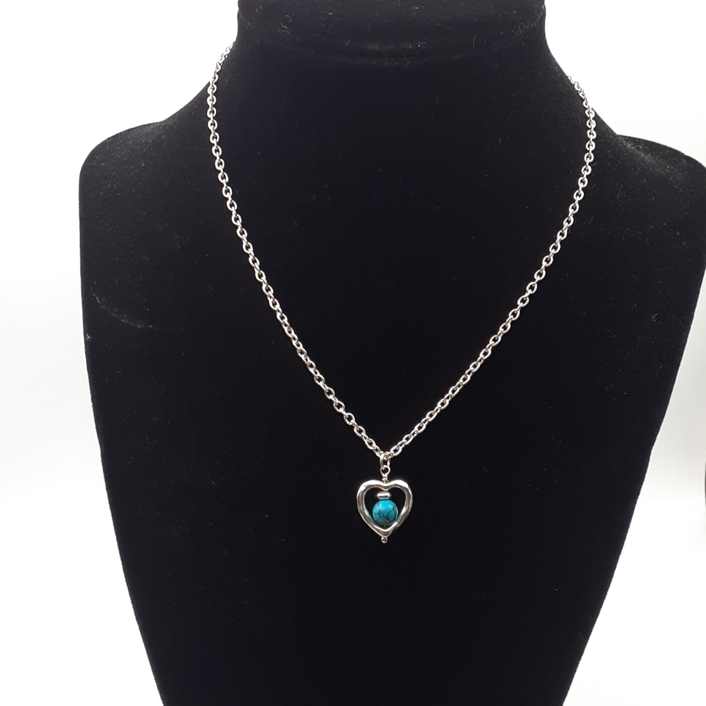 Turquoise Howlite Stone Bead in Brushed Silver Open Heart-Shape Pendant Necklace on Sterling Silver Chain