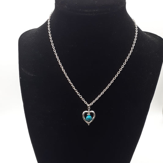 Turquoise Howlite Stone Bead in Brushed Silver Open Heart-Shape Pendant Necklace on Sterling Silver Chain