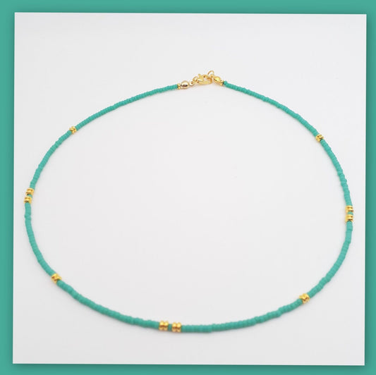 Turquoise Miyuki Glass Seed Bead and Gold Short Thin 16 inch Necklace