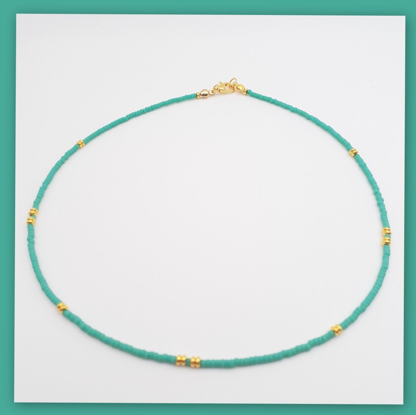 Turquoise Miyuki Glass Seed Bead and Gold Short Thin 16 inch Necklace
