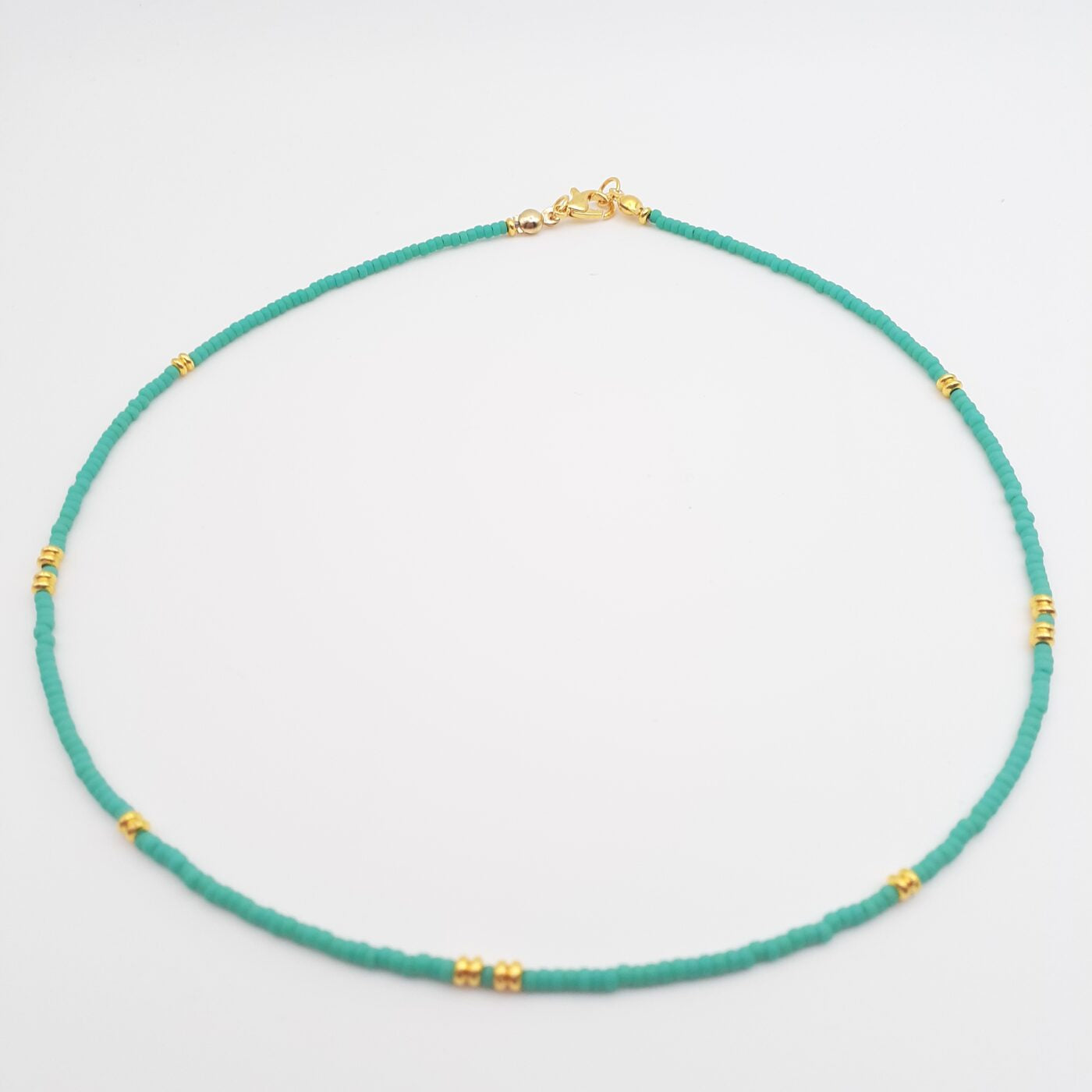 Turquoise Miyuki Glass Seed Bead and Gold Short Thin 16 inch Necklace