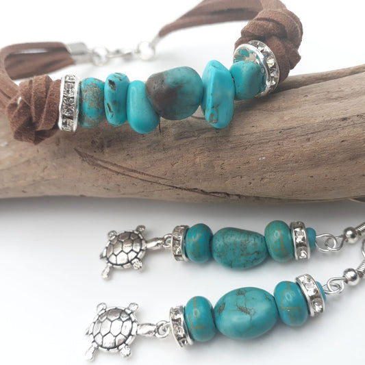 Turquoise Stone Nugget Suede Leather Bracelet and Silver Turtle Charm Earrings Set