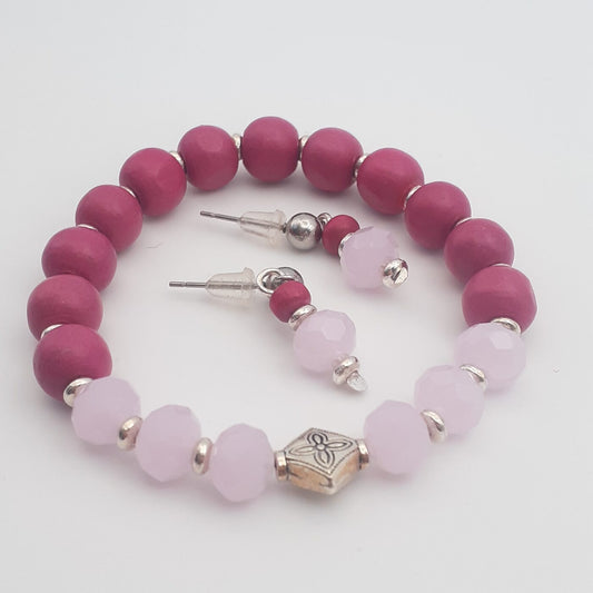 Vibrant Fushia Wooden Beaded Stretch Style Bracelet with Soft Pink Czech Faceted Crystal Beads and matching Post Stud Earrings Set