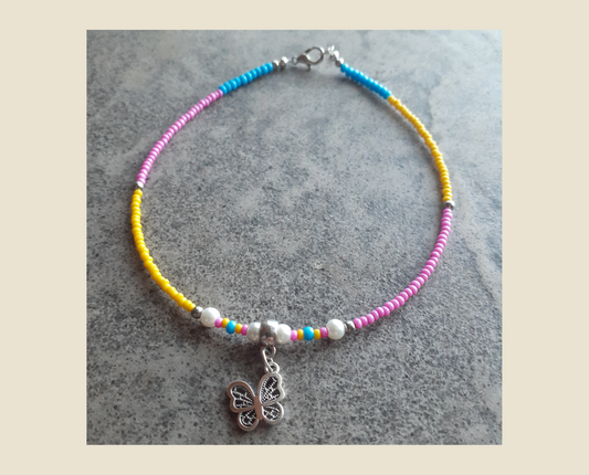 Vibrantly Coloured Seed Bead Anklet with a Tiny Delicate Silver Butterfly Charm and Pearls