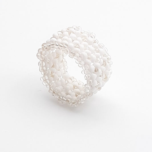 White Lace Seed Bead Handwoven Ring