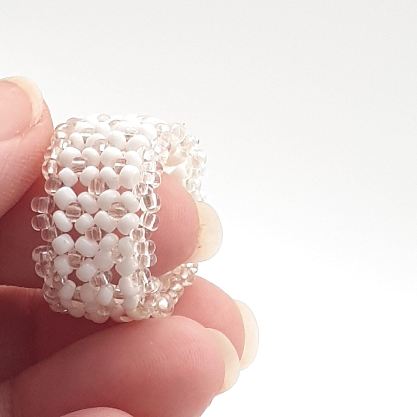 White Lace Seed Bead Handwoven Ring