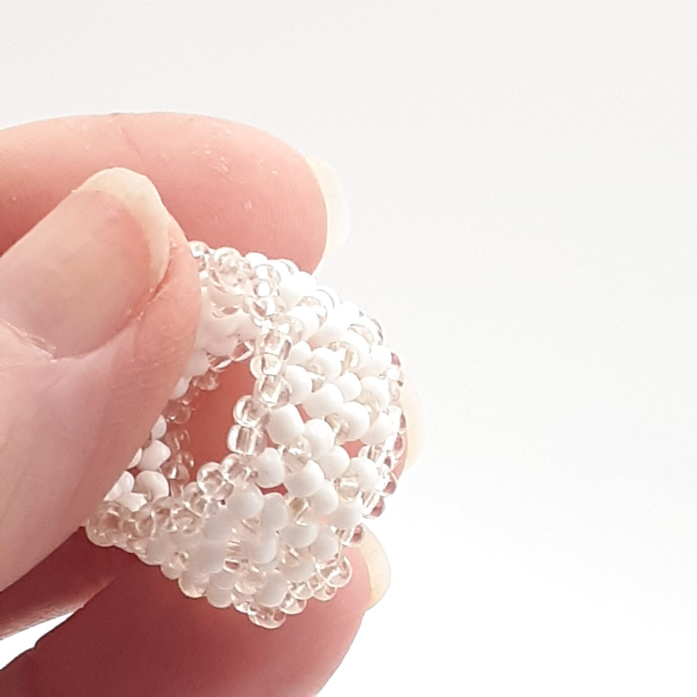 White Lace Seed Bead Handwoven Ring