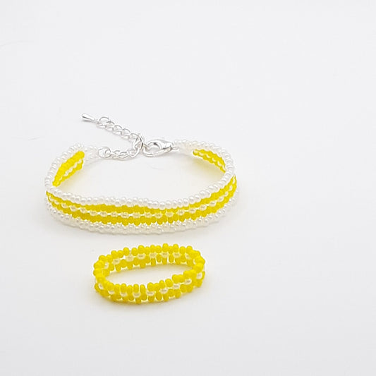 Yellow and White Seed Bead Handwoven Bracelet And Ring Set