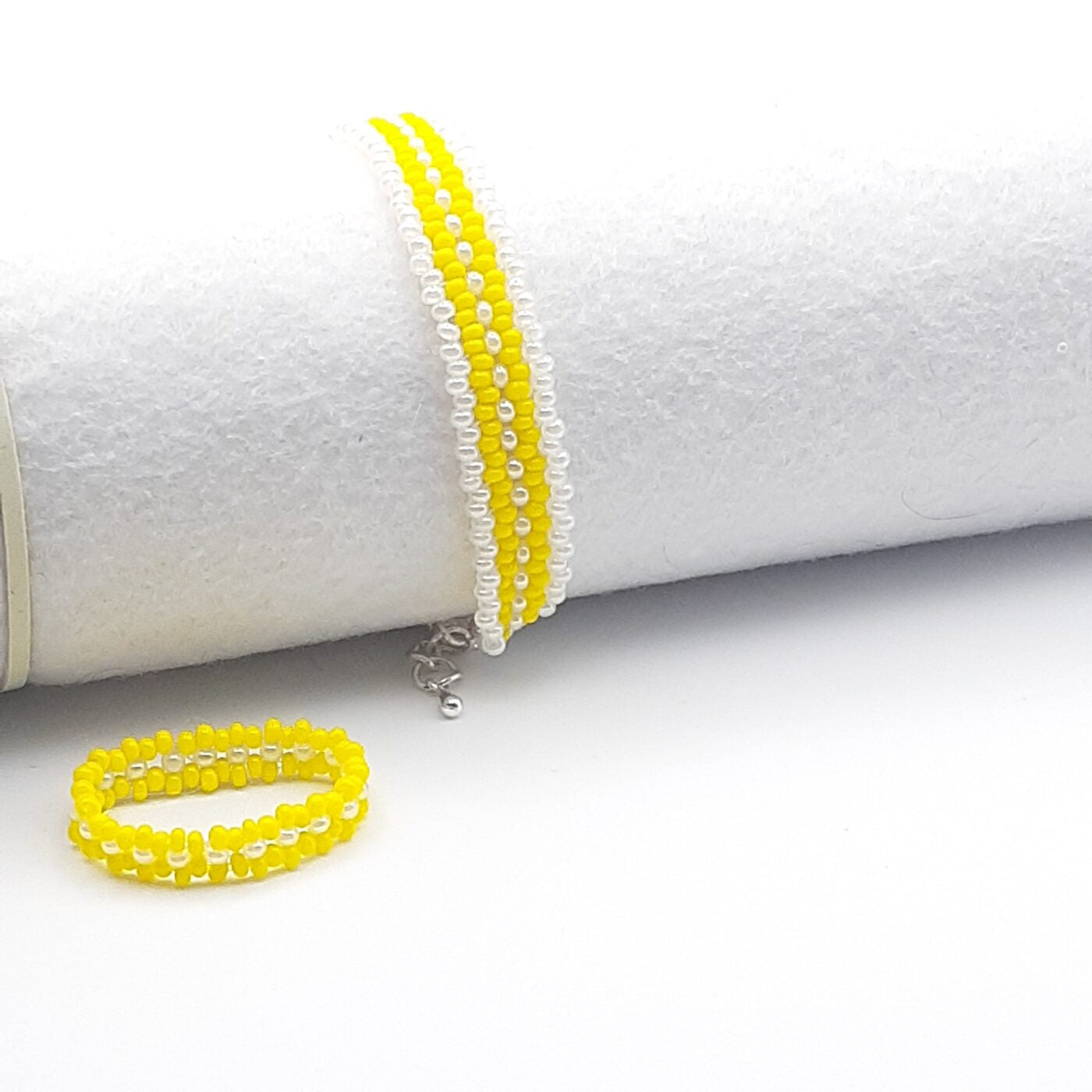 Yellow and White Seed Bead Handwoven Bracelet And Ring Set