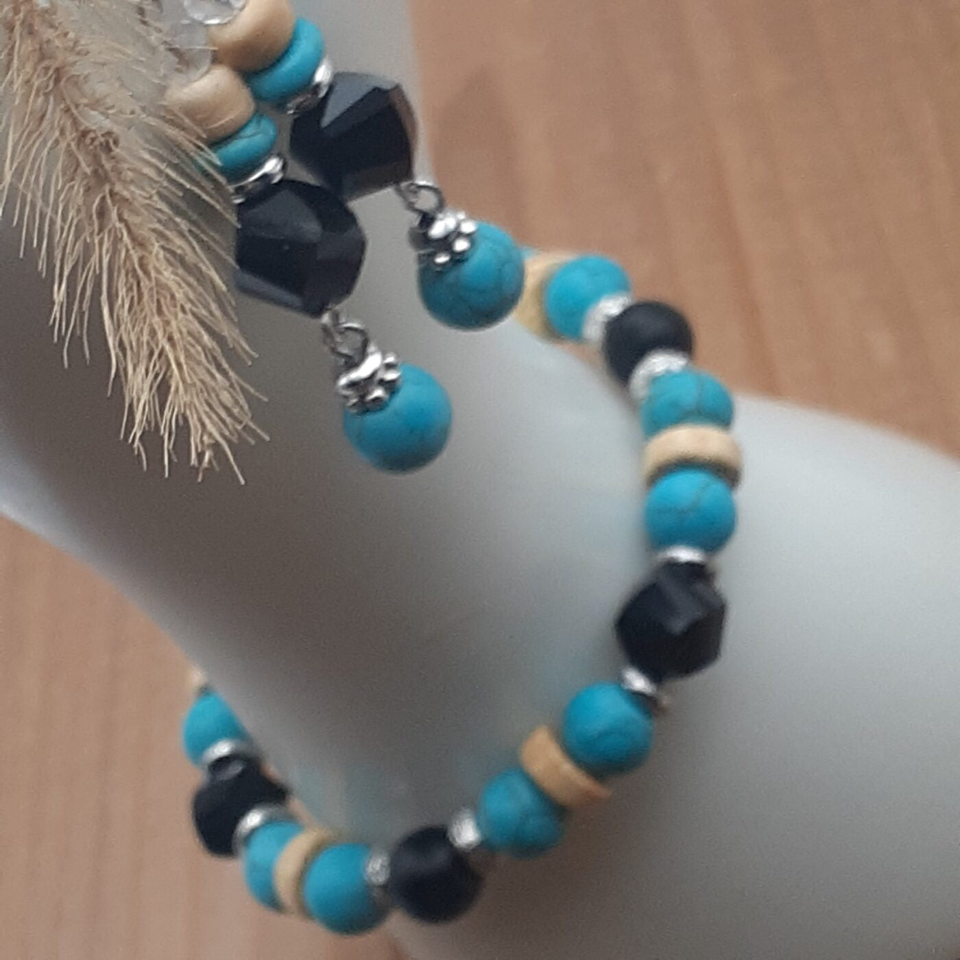 Midnight Blues Earrings and Stretch Bracelet Jewellery Set with Dyed Turquoise Howlite Beads Silver and Wood and Black Crystal Beads